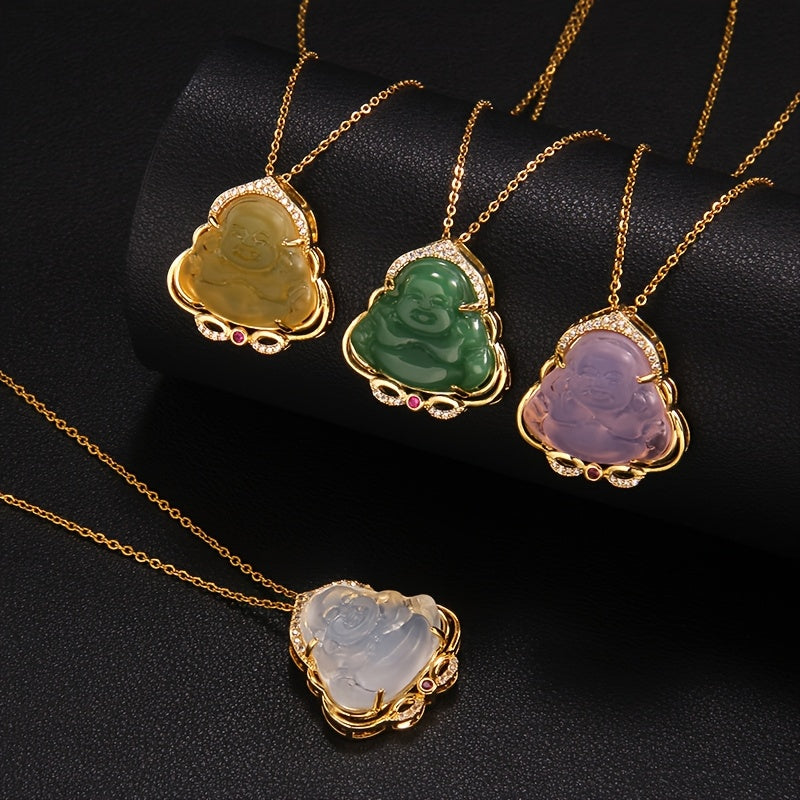 1pc Vintage Chinese Style Titanium Steel Buddha Pendant Necklace with Synthetic Imitation Jade, Lucky Charm Jewelry for Daily Wear & Gift-Giving, Valentine's Day Suitable, Buddha Necklaces