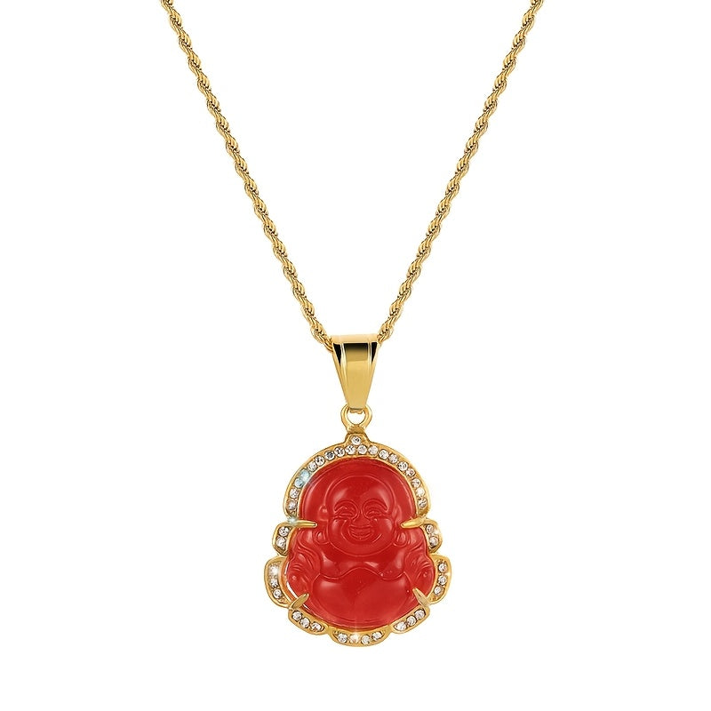 Vintage-Inspired Hip Hop Crystal Maitreya Buddha Pendant Necklace - Alloy, Natural Stone, Perfect for Casual Attire