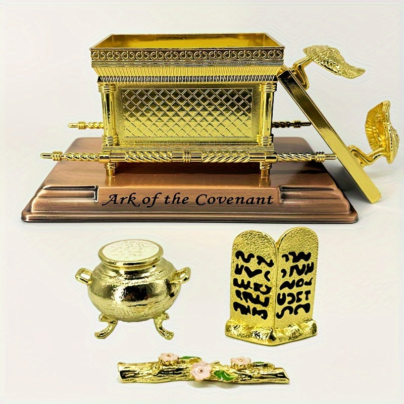 4-Piece Traditional Metal Ark of the Covenant Set - Home Decor Replicas, Jewish Religious Statues, Golden Jars, Aaron's Rod, Mana Pot, Rattan Staff - Suitable for Easter, Halloween, Hanukkah, Independence Day, Universal Holid