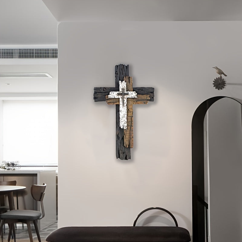 Rustic Wooden Cross Wall Art - Vintage Farmhouse Decor, Spiritual Sculpture For Home & Religious Spaces, No Power Needed
