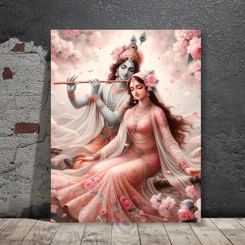 [2D Flat] 1pc Radha Krishna Indian Spiritual Painting - Krishna & Radha in Cherry Blossom Grove, Large Vertical Canvas Wall Art with Wooden Frame (12x16 Inches / 30x40cm) - Ready-to-Hang Hindu Deity Decor for Meditation Room,