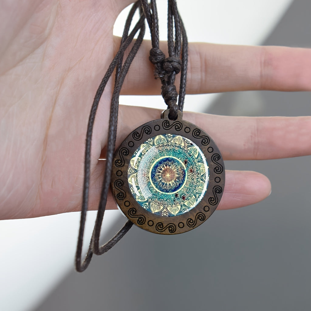 1pc Mandala Sacred Geometry Glass & Wood Pendant Necklace - Adjustable Rope Chain, Natural Wood & Glass Meditation Jewelry for Men, Gift, Spiritual Enlightenment Symbolism, Buddhist Jewelry, Artistic Design, Unique Craftsmans
