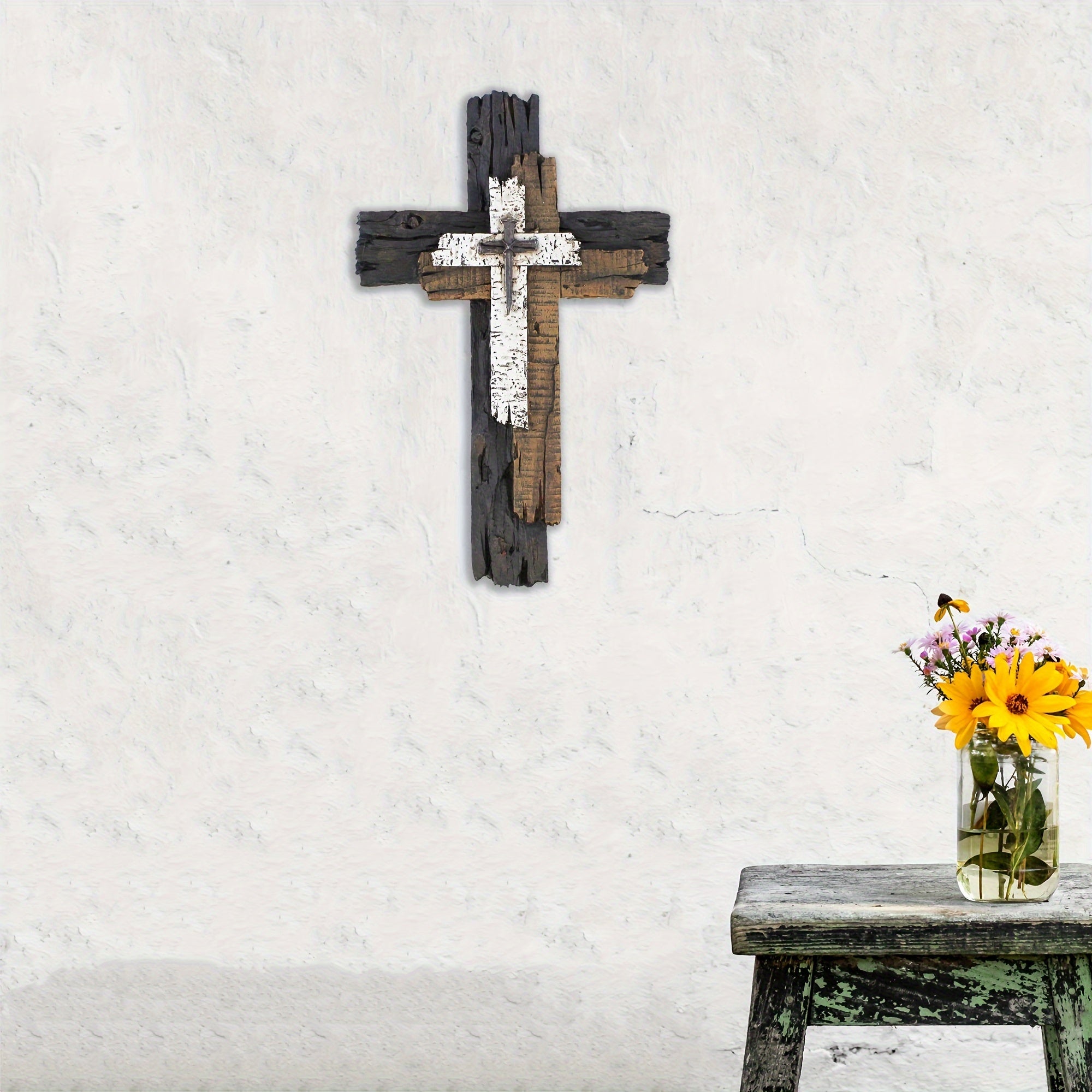 Rustic Wooden Cross Wall Art - Vintage Farmhouse Decor, Spiritual Sculpture For Home & Religious Spaces, No Power Needed