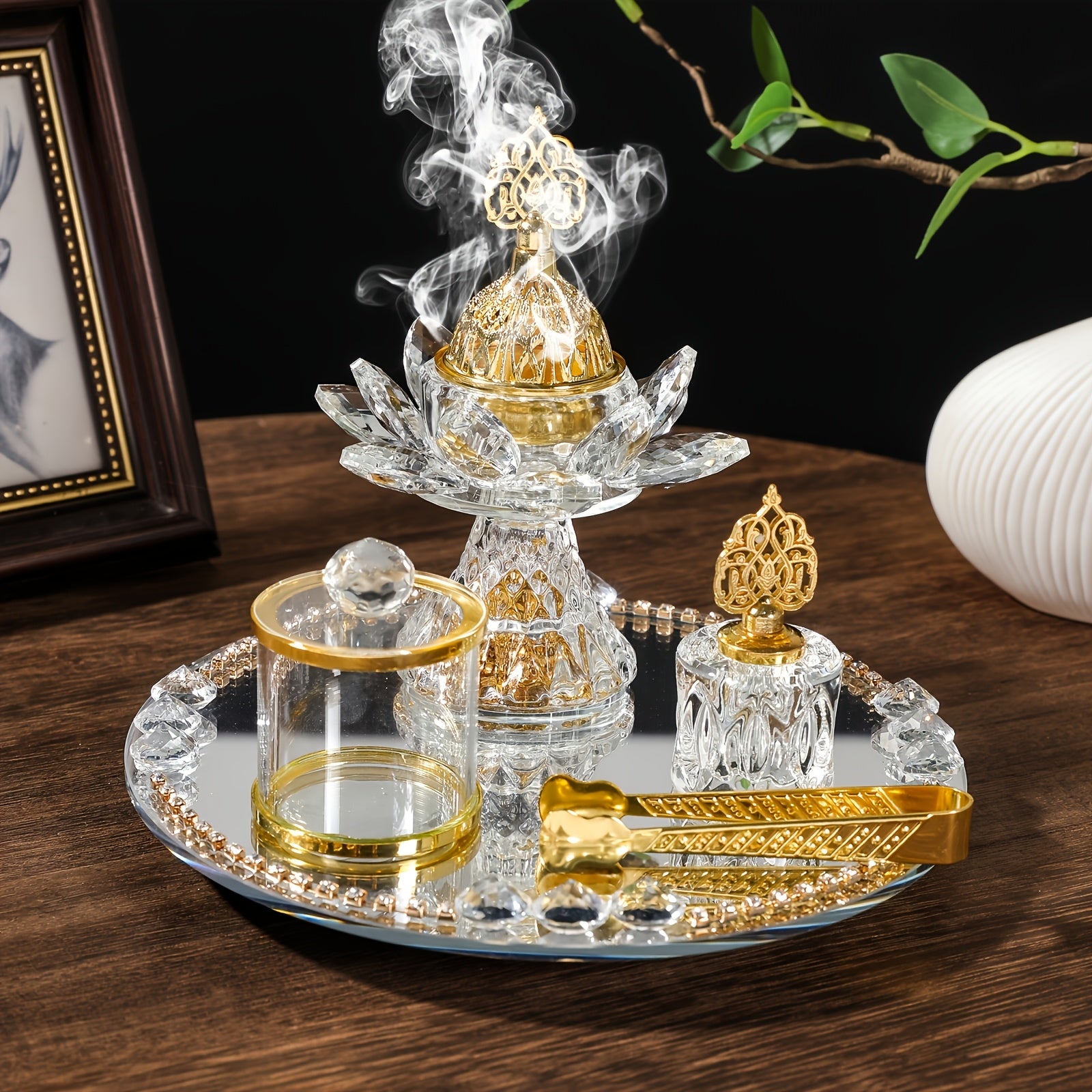 [Home Wedding Ramadan] 4pcs Crystal for Lotus Glass Incense Holder Set, Luxury Diamond Muslim Censers Sticks Hold for Home Wedding Ramadan Decoration, 2024
