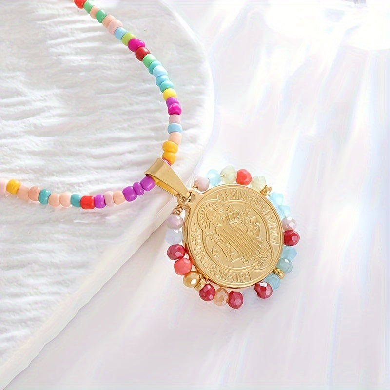 4pcs/set Christian Saint Benedict Pendant Women Girls Boho Style Beaded Rainbow Bead Necklace Saint St. Benedict Cross Amulet Jewelry