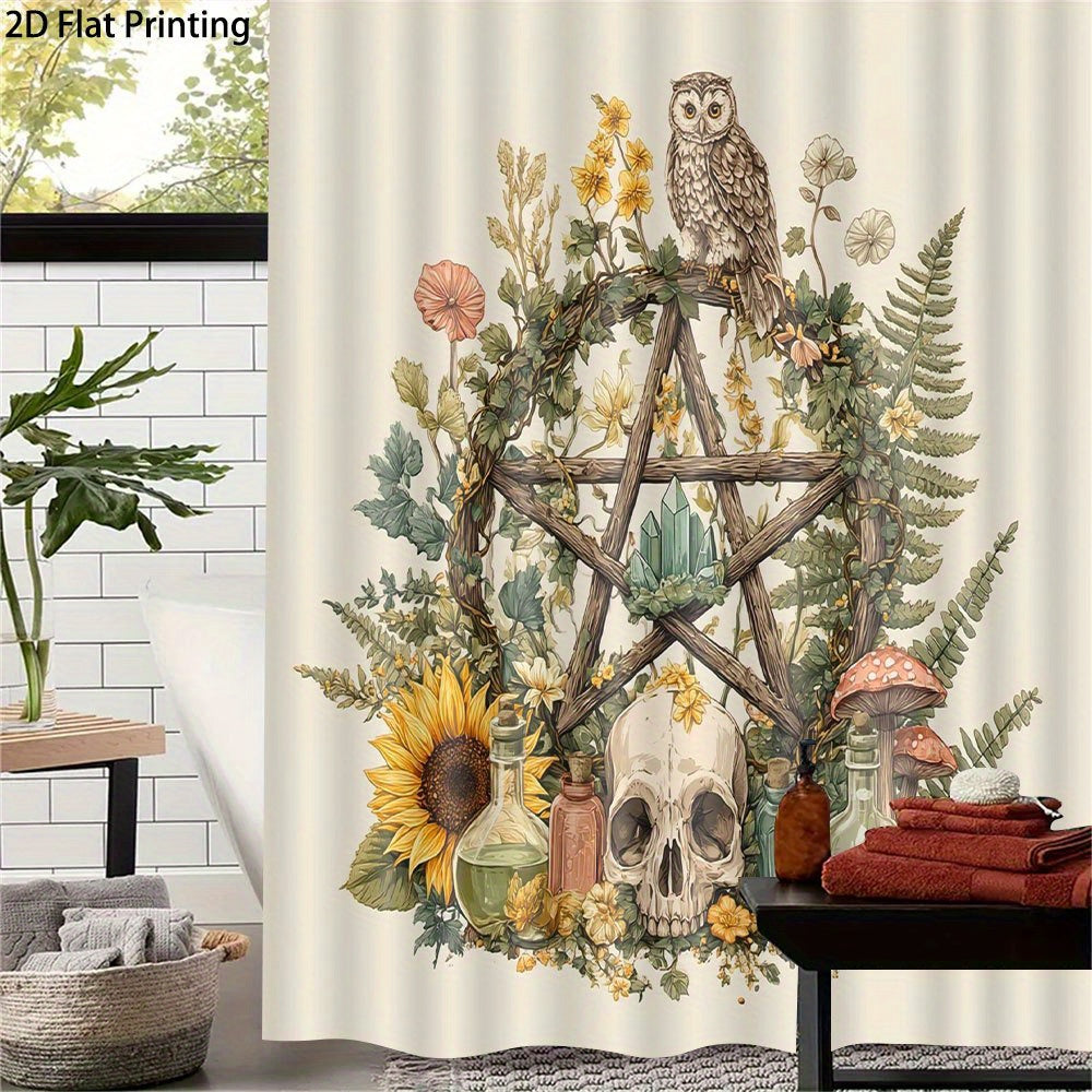 1pc Wiccan Shower Curtain - Occult Botanical Bathroom Decor with Pentagram, Mystical Floral Design in Beige/Brown/, Durable Polyester Fabric & 12 Hooks for Witchy Bathroom Aesthetic - Gothic Witchcraft Decoration, Bathroom De