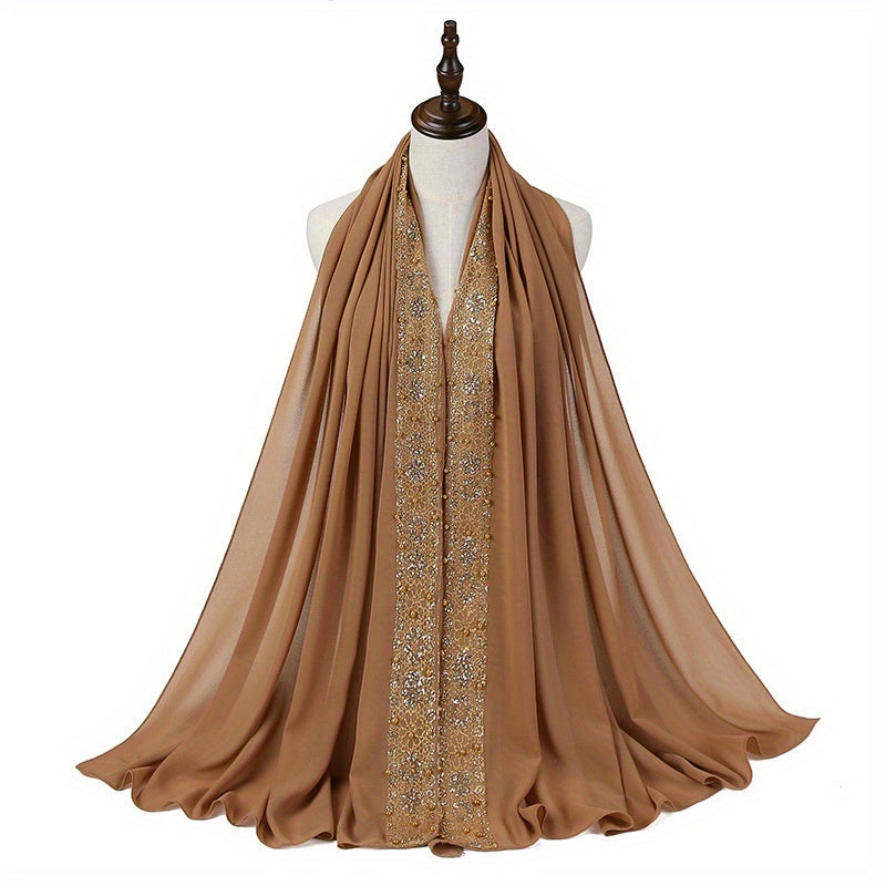 Summer Chiffon Women's Headscarf with Beaded Fringe, Muslim Hijab Long Scarf, Fashion Scarf