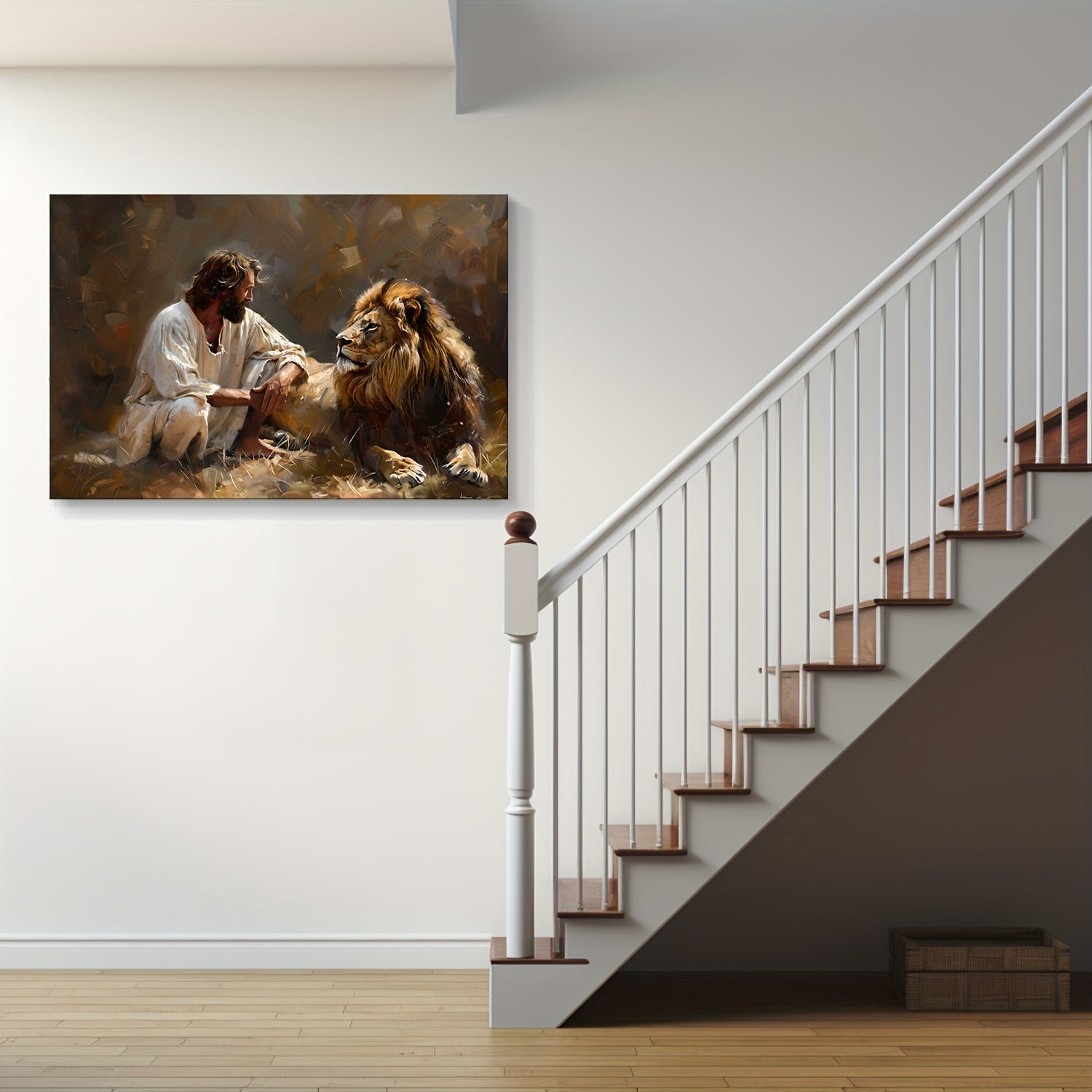 1pc Framed Lion and Jesus Canvas Wall Decor Striking Lion of Judah Poster with Savior Inspirational Christian Art for Office Church and Home Ready to Hang