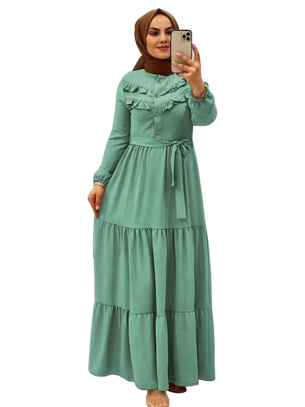 Elegant Light Green Maxi Dress for Muslim Women - Casual Solid Color with Ruffle Hem & Button Detail, Polyester Blend, Machine Washable - Hijab Not Included