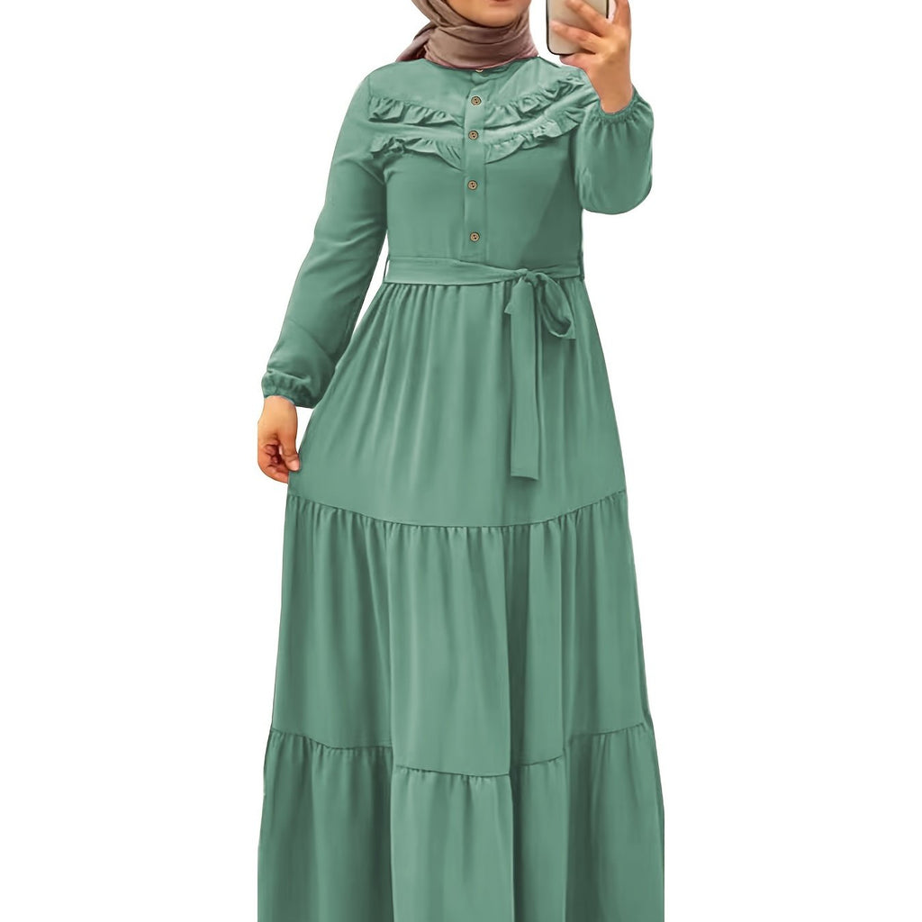 Elegant Light Green Maxi Dress for Muslim Women - Casual Solid Color with Ruffle Hem & Button Detail, Polyester Blend, Machine Washable - Hijab Not Included