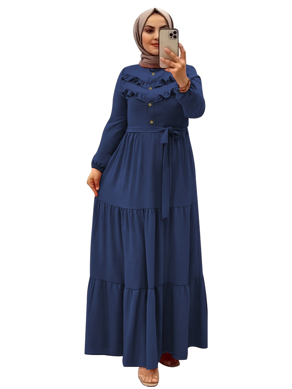 Elegant Light Green Maxi Dress for Muslim Women - Casual Solid Color with Ruffle Hem & Button Detail, Polyester Blend, Machine Washable - Hijab Not Included