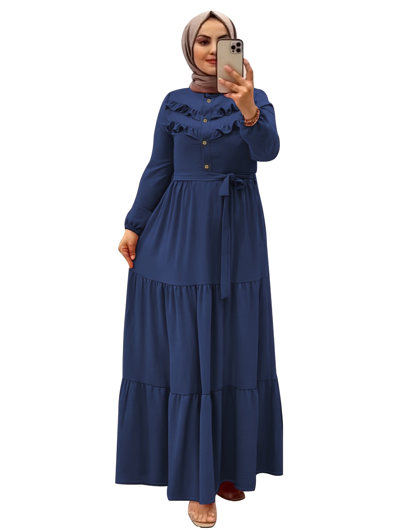 Elegant Light Green Maxi Dress for Muslim Women - Casual Solid Color with Ruffle Hem & Button Detail, Polyester Blend, Machine Washable - Hijab Not Included