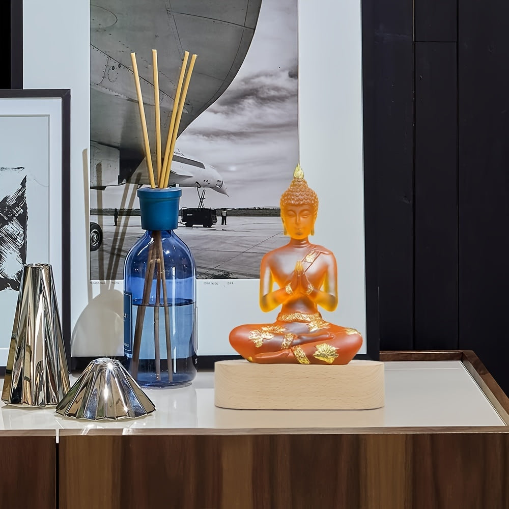 Buddha Statue with LED Light Base, 7'' Seated Small Figurine Collectibles Meditation Decor, Transparent Sculpture Ornaments for Spiritual Living Room, Yoga Zen, Home Decoration