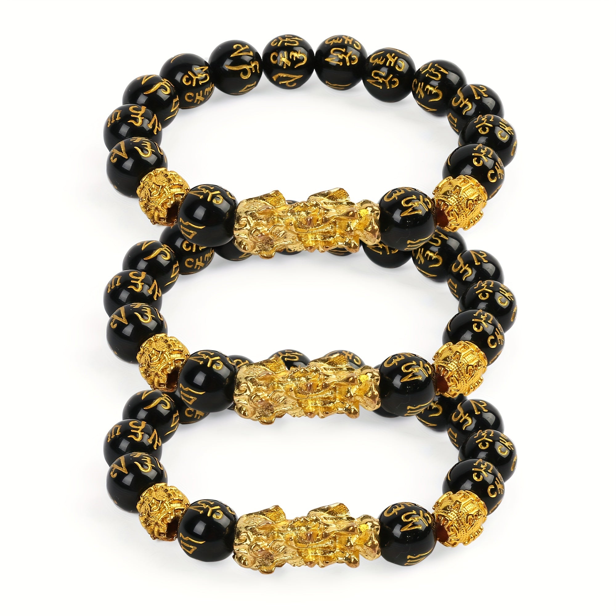1pcs Feng Shui Black Obsidian Wealth Bracelet with Pi Xiu for Women and Men - Vintage Six Character Mantra Buddha Bead Bracelet