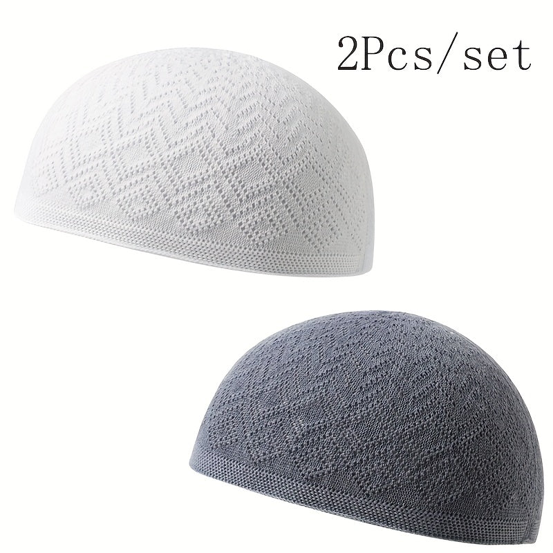 2pcs/Set Men'S Muslim Kufi Cap, Breathable Knitted Polyester Prayer Hat, Lightweight Middle Eastern Arab Traditional Headwear, Adjustable Toggle Closure, Machine Washable, Ramadan Celebration