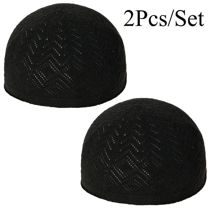 2pcs/Set Men'S Muslim Kufi Cap, Breathable Knitted Polyester Prayer Hat, Lightweight Middle Eastern Arab Traditional Headwear, Adjustable Toggle Closure, Machine Washable, Ramadan Celebration