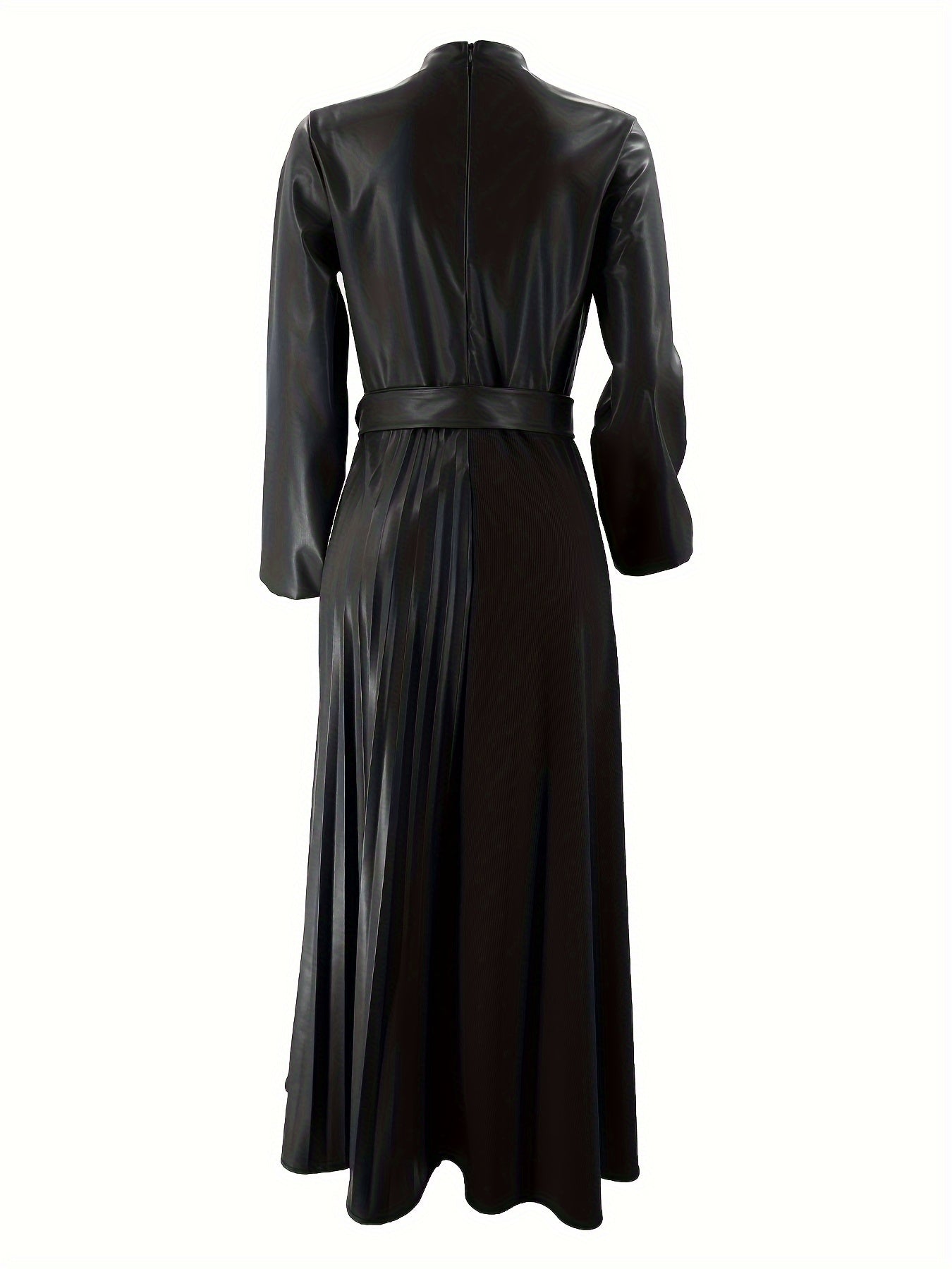 Elegant Pleated Long Dress for Women - Solid Color, Belted Waist, Casual Style, Machine Washable - Perfect for All Seasons, Middle Eastern, Muslim, Patchwork