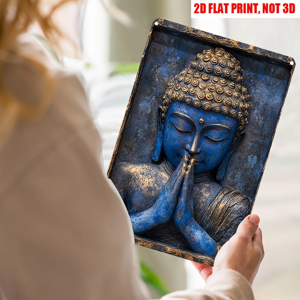 2D Flat, 1pc, 2D Flat Retro Blue Buddha Statue Prayer Hand Metal Wall Art, 8X12 Inches, Metal Plaque Decorative Medal and Statue Printing, Suitable for Yacht, Living Room, Fitness, Home Furnishings, Courtyard, Coffee Shop Wal