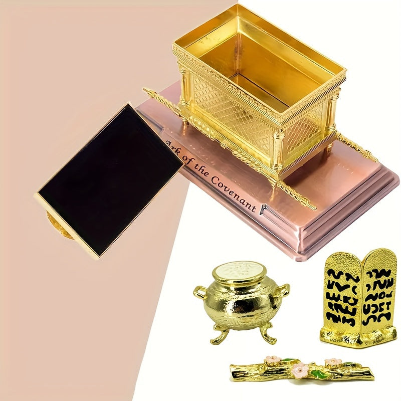 4-Piece Traditional Metal Ark of the Covenant Set - Home Decor Replicas, Jewish Religious Statues, Golden Jars, Aaron's Rod, Mana Pot, Rattan Staff - Suitable for Easter, Halloween, Hanukkah, Independence Day, Universal Holid