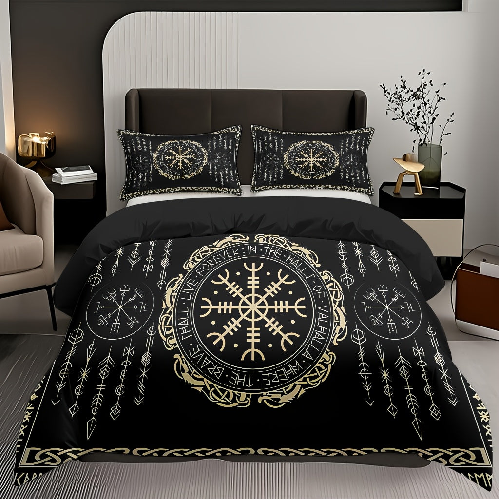 3pcs Comfortable Nordic Rune Theme Duvet Cover Set, Soft High-Definition Digital Print Perfect Gift, Soft Breathable 100% Polyester, All-Season, Family And Friends Gift, Machine Washable (1 Duvet Cover + 2 Pillowcases, No Fil