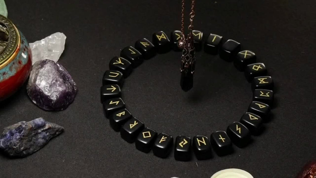A Nordic Rune Set Featuring Crystal Rune Stones, Including 25 Rune Stones, a Pendant, And a Carved Wooden Board. Elegant And Exquisite