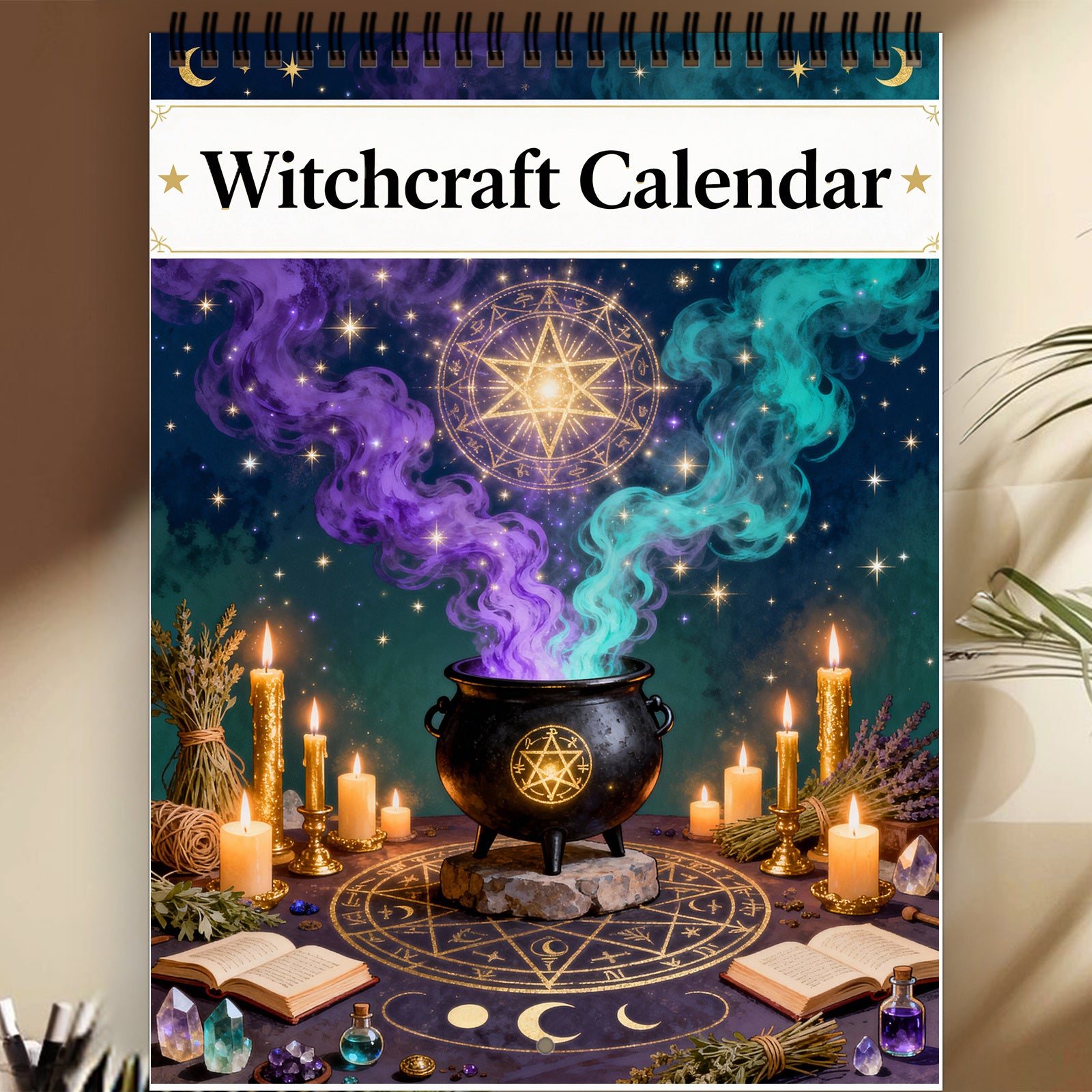2026 Witch Calendar Spiral Wall Planner with Spell Symbols & Full Moon Calendar - Writable Monthly Layouts, Mystical Journal & Planner for Wiccan Women, Spiritual Gift