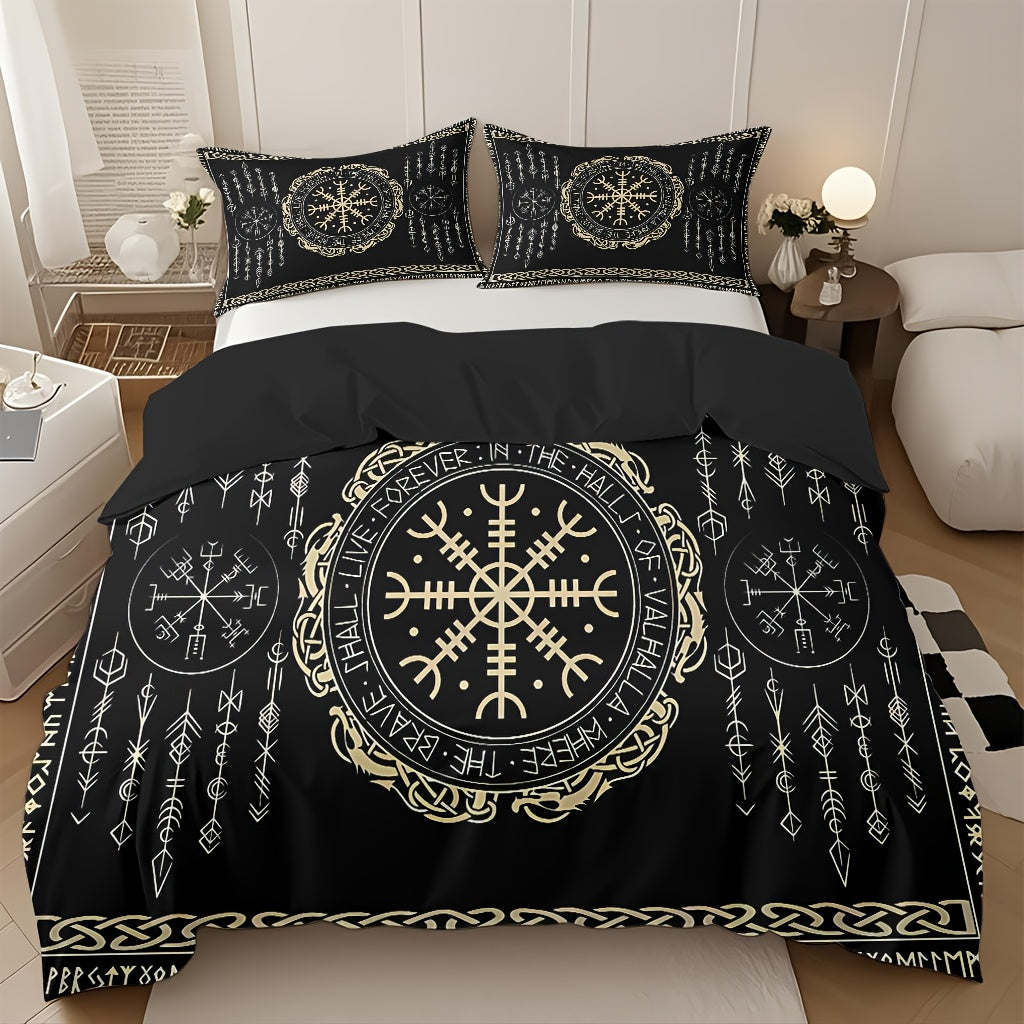 3pcs Comfortable Nordic Rune Theme Duvet Cover Set, Soft High-Definition Digital Print Perfect Gift, Soft Breathable 100% Polyester, All-Season, Family And Friends Gift, Machine Washable (1 Duvet Cover + 2 Pillowcases, No Fil