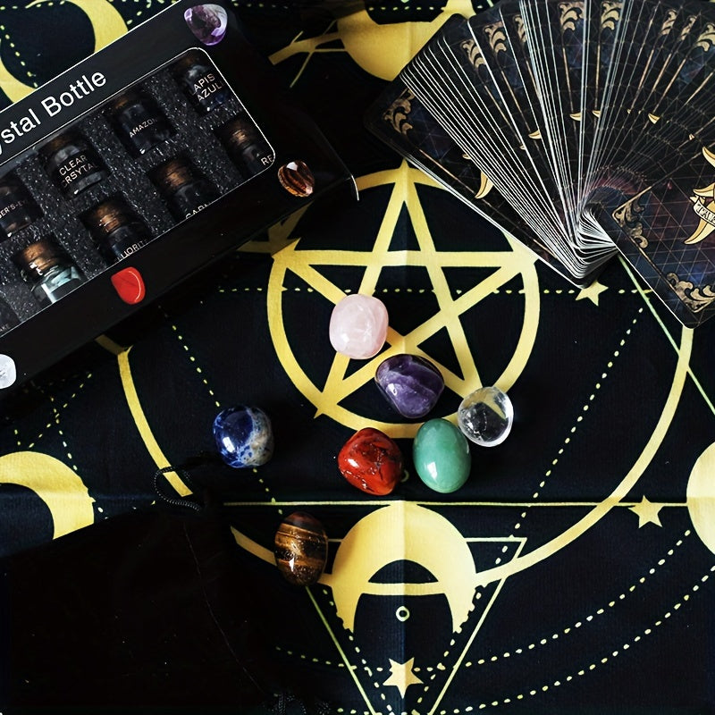 1set 78 Tarot Cards with Guide Book, Black Tarot Deck Gift Set with Tarot Cloth, Chakra Stones and More, Tarot Cards Deck Fortune Telling Game Craft Cardboard for Beginners and Expert Readers