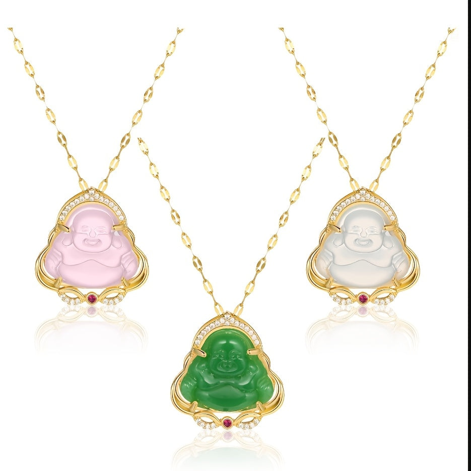 1pc Vintage Chinese Style Titanium Steel Buddha Pendant Necklace with Synthetic Imitation Jade, Lucky Charm Jewelry for Daily Wear & Gift-Giving, Valentine's Day Suitable, Buddha Necklaces
