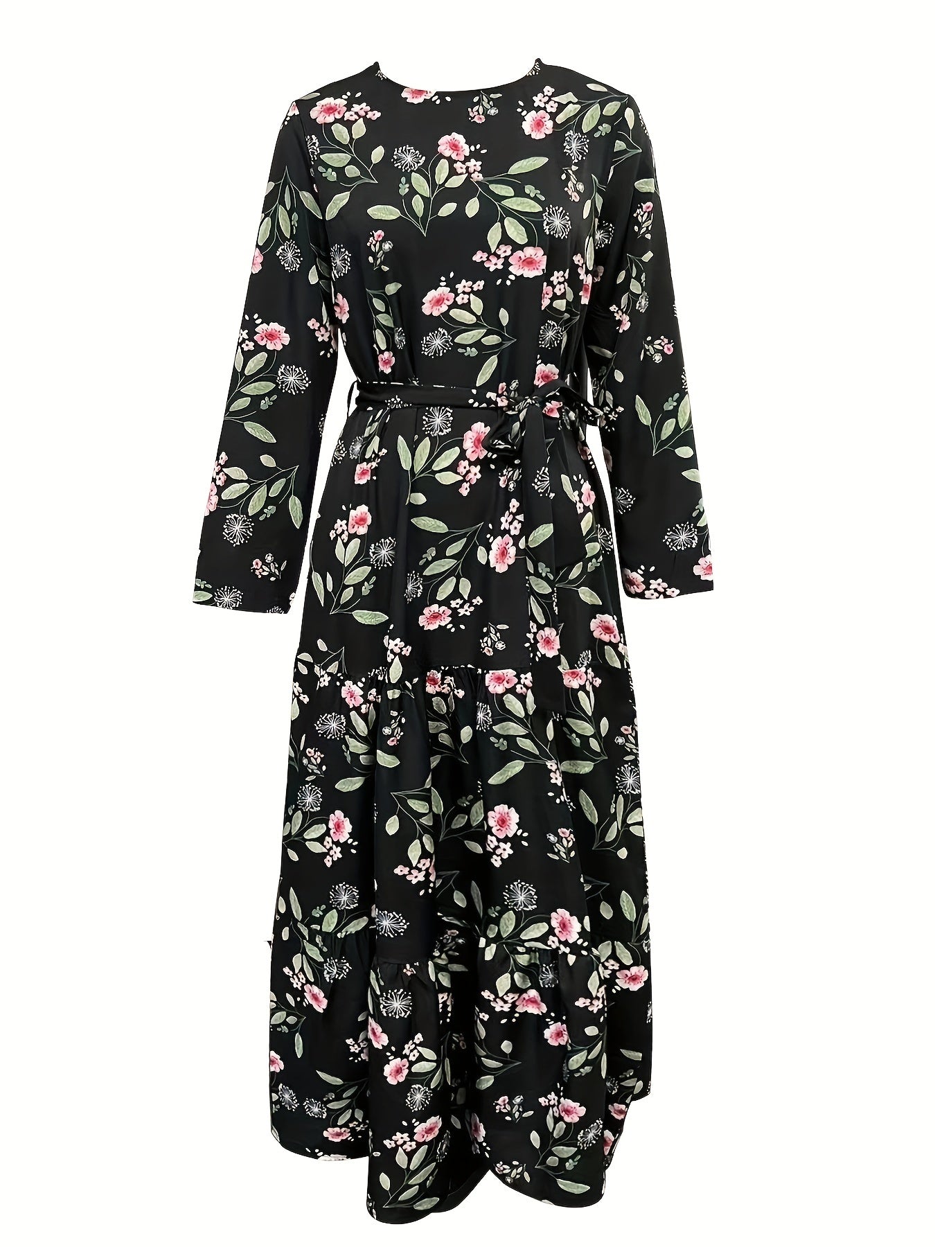 2023 New Women's Elegant Middle Eastern Abaya - Black Floral Print with Red Flowers, Long Sleeve Lace-Up Modest Dress, Machine Washable for Spring Summer Fall, Abaya Dress Fancy, Comfortable Modestwear, No Stretch Fabric, Mus