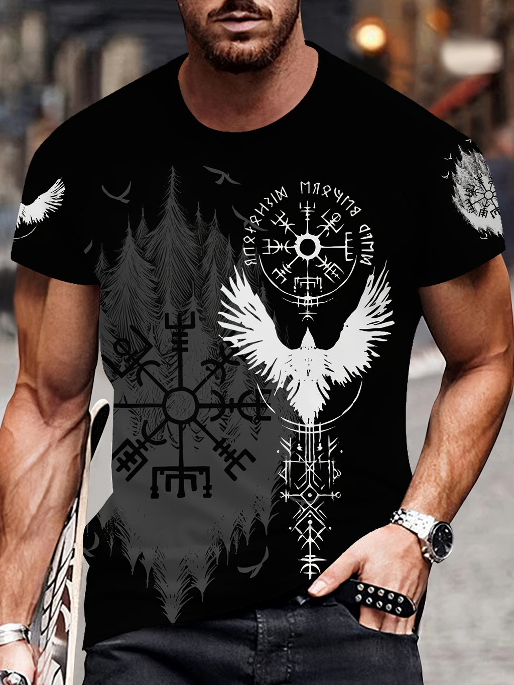 Men's Viking Norse T-Shirt with 3D Viking Rune & Norse Mythology Print - Viking, Yggdrasil Tree & Odin Rune (Elder Futhark) - Breathable Summer Casual Wear, Viking-Inspired Clothing for & Everyday Use