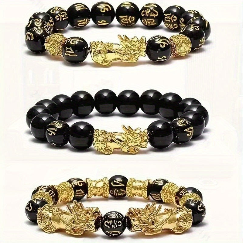 3pcs Feng Shui Lucky Bracelet Suitable for Men and Women Natural Stone Double Pixiu Design Bracelet for Wealth Attraction Obsidian Buddha Bead Six Character Mantra for Wealth Attraction Bracelet