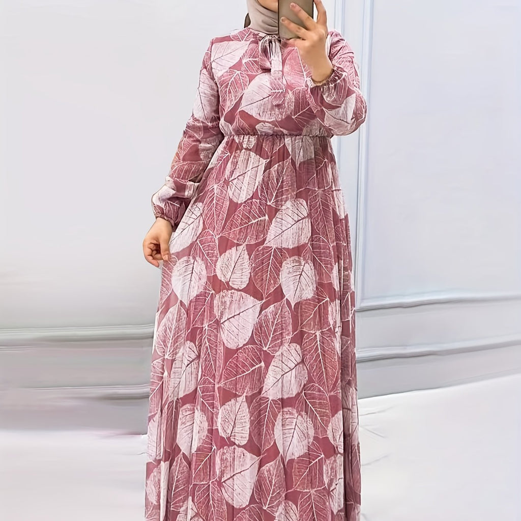 Women's Middle Eastern Muslim Print Pleated Waist Dress (Headscarf Not Included)