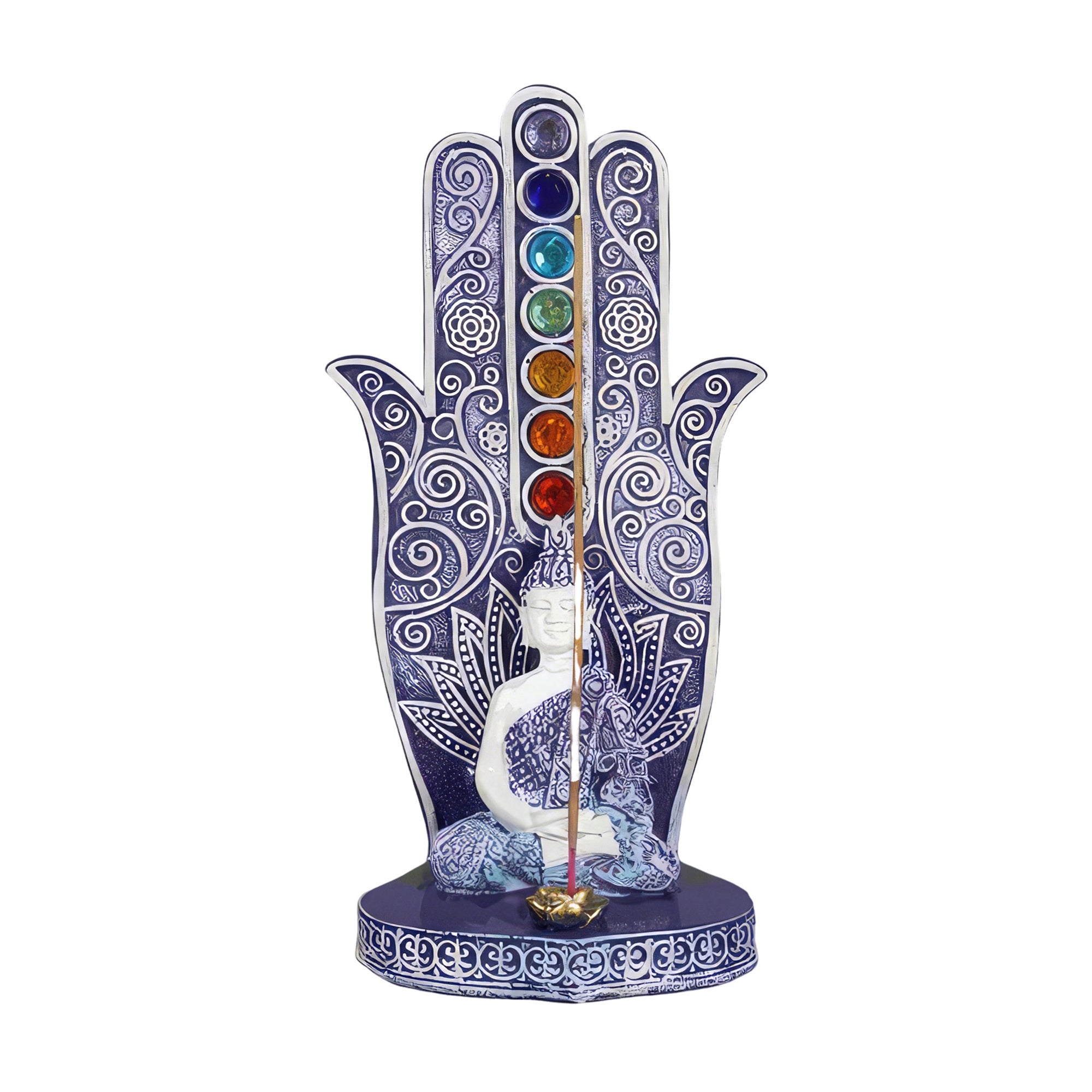 6"H Buddha Incense Burner with Blue and White Buddha Palm Statue Sculpture Ornament Decoration Home/Room Decor and Unique Gift Ideas for Housewarming, Holidays and Birthdays Great Collectible Addition