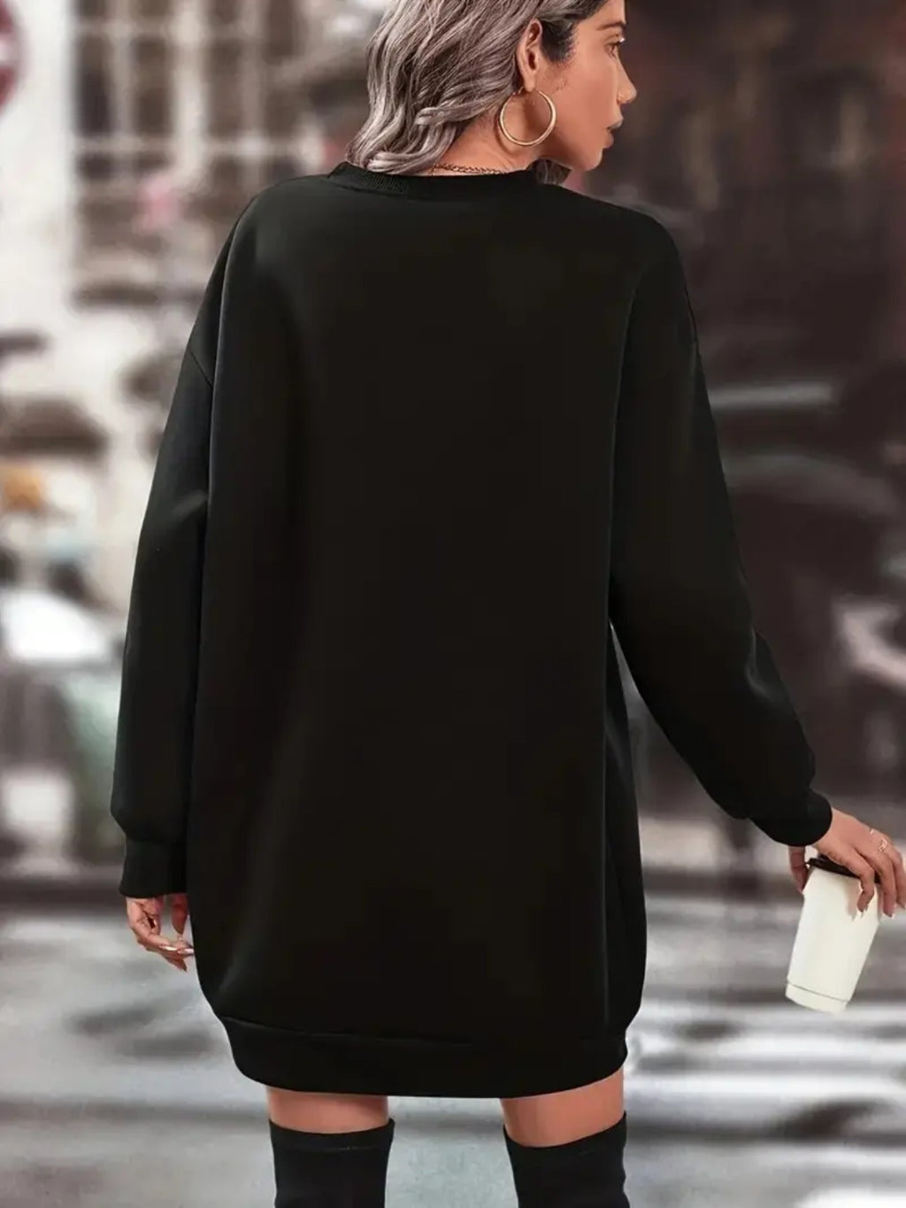 Plus Size, Women's Elegant Long Sleeve Crew Neck Sweatshirt Dress - Plus Size Friendly Oversized Casual Button-Front Dress with Paw Print & Heart Design (White/Black), Machine Washable Polyester Blend Winter Dress for, Semi-F