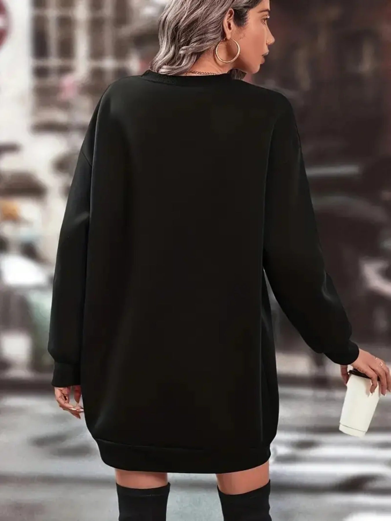 Plus Size, Women's Elegant Long Sleeve Crew Neck Sweatshirt Dress - Plus Size Friendly Oversized Casual Button-Front Dress with Paw Print & Heart Design (White/Black), Machine Washable Polyester Blend Winter Dress for, Semi-F