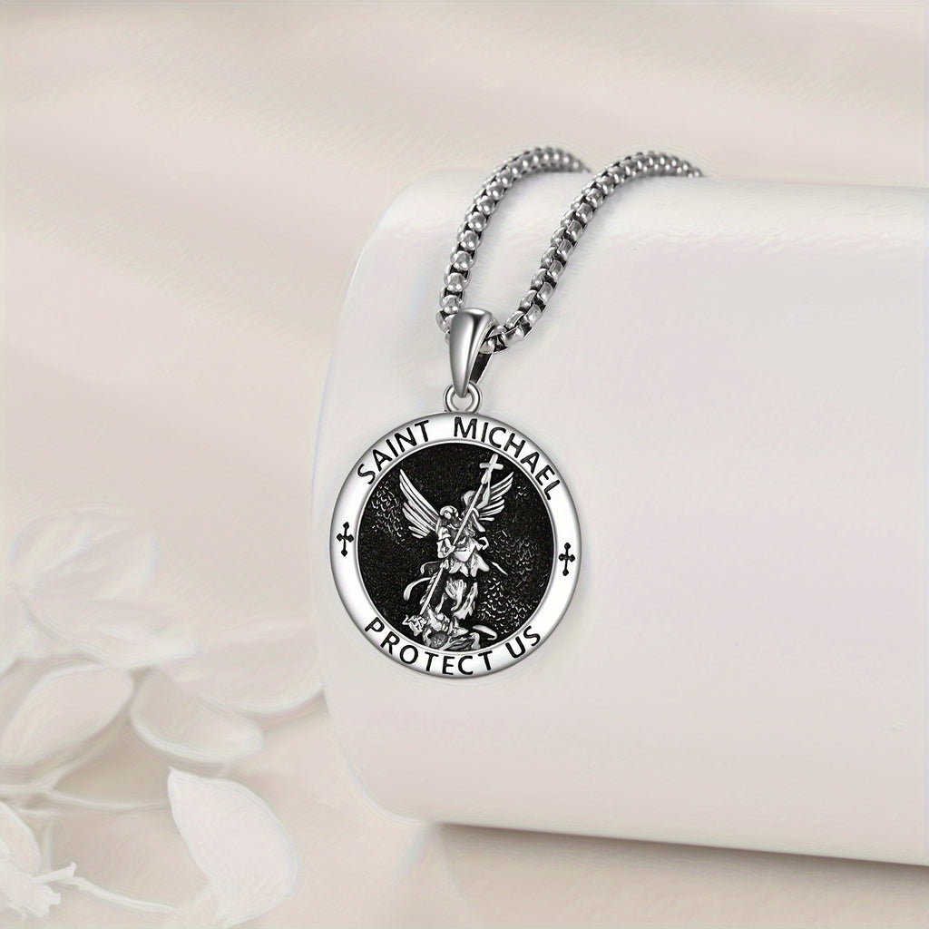 Pure Silvery St. Michael Necklace Amulet Protects Us Necklace Patron Angel Pendant Christian Jewelry Birthday Men's Gift