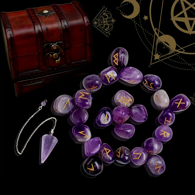 A Set of Crystal Agate Runes Featuring Viking Designs, with Intricately Carved Letters. This Collection Includes 25pcs of Futhark Rune Stones Made from Polished Gems