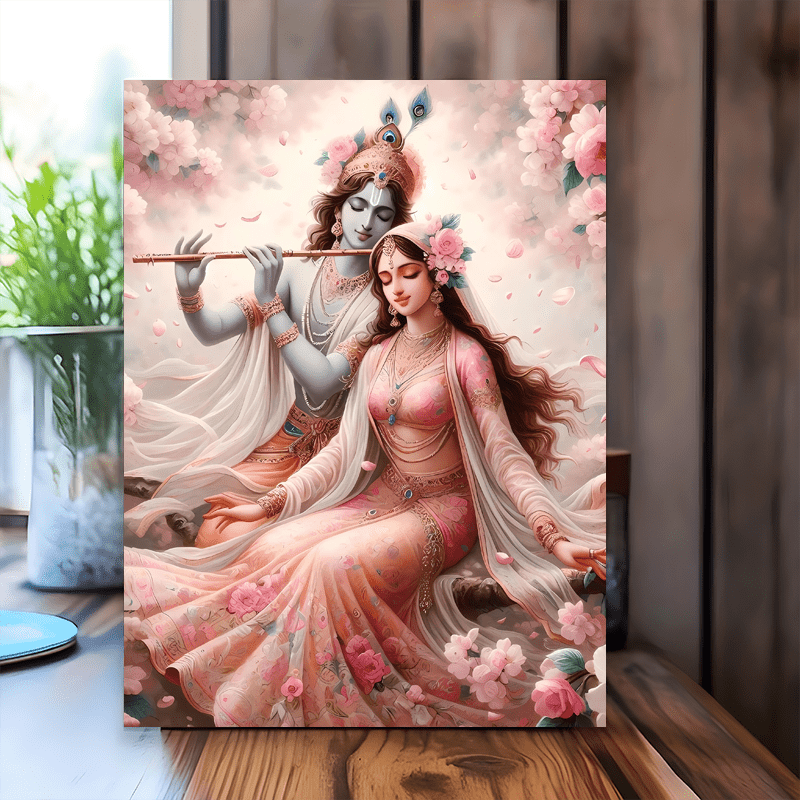 [2D Flat] 1pc Radha Krishna Indian Spiritual Painting - Krishna & Radha in Cherry Blossom Grove, Large Vertical Canvas Wall Art with Wooden Frame (12x16 Inches / 30x40cm) - Ready-to-Hang Hindu Deity Decor for Meditation Room,