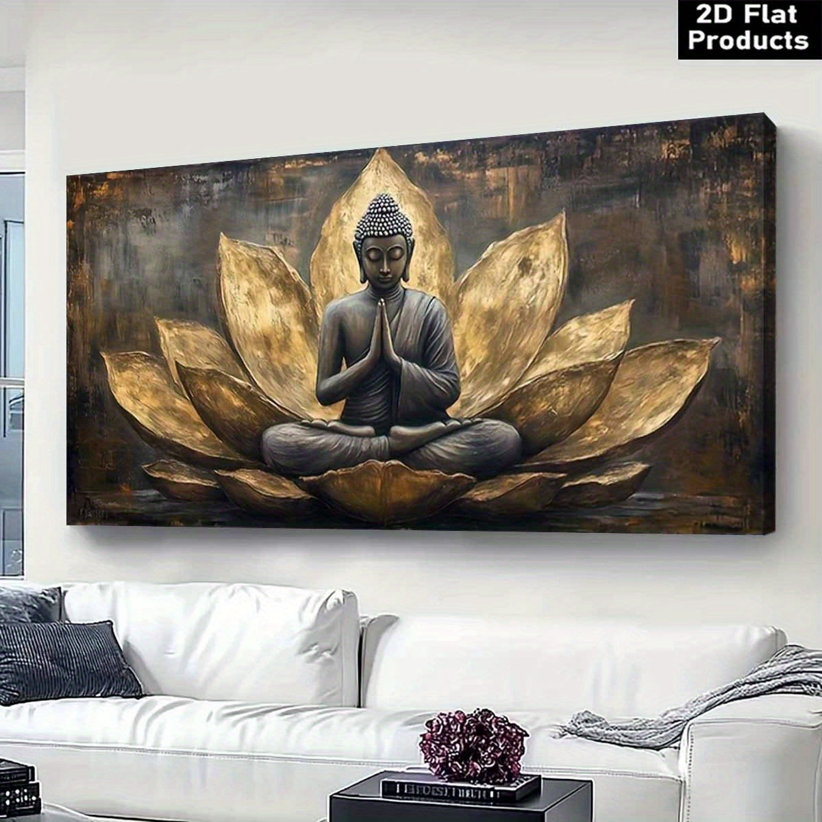 [2D Flat]A Thick Wooden Framed Canvas Artwork, Buddha Meditation for Lotus High Quality Wall Art Printed Poster Can Be Hung Directly, Pine Frame, Suitable for Living Room Decor or Yoga Room Decoration.Bedroom Art, 2D Flat