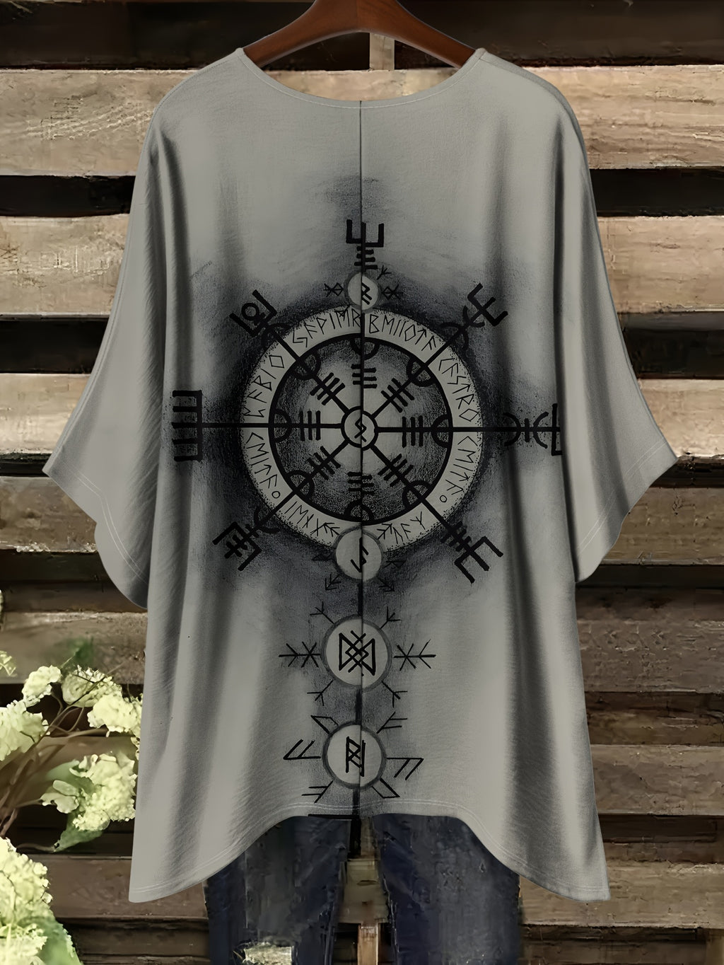 [Plus Size Celestial T-Shirt] Women's Plus Size Celestial Star & Rune Design All-Over Print T-Shirt | Relaxed Fit Round Neck Short Sleeve | Machine Washable Casual Elegant Top for All Seasons