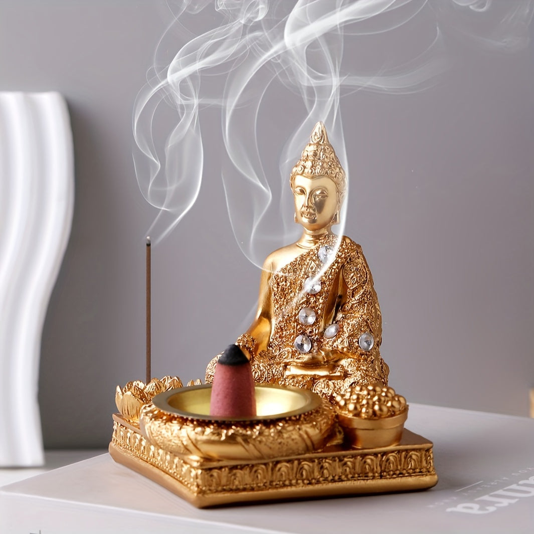 1pc Elegant Golden Buddha Incense Burner with Diamond Accents - Resin, Square Base, for Lotus Design for Living Room & Entryway Decor, Indoor Use, No Electricity Required, Zen Home Decor