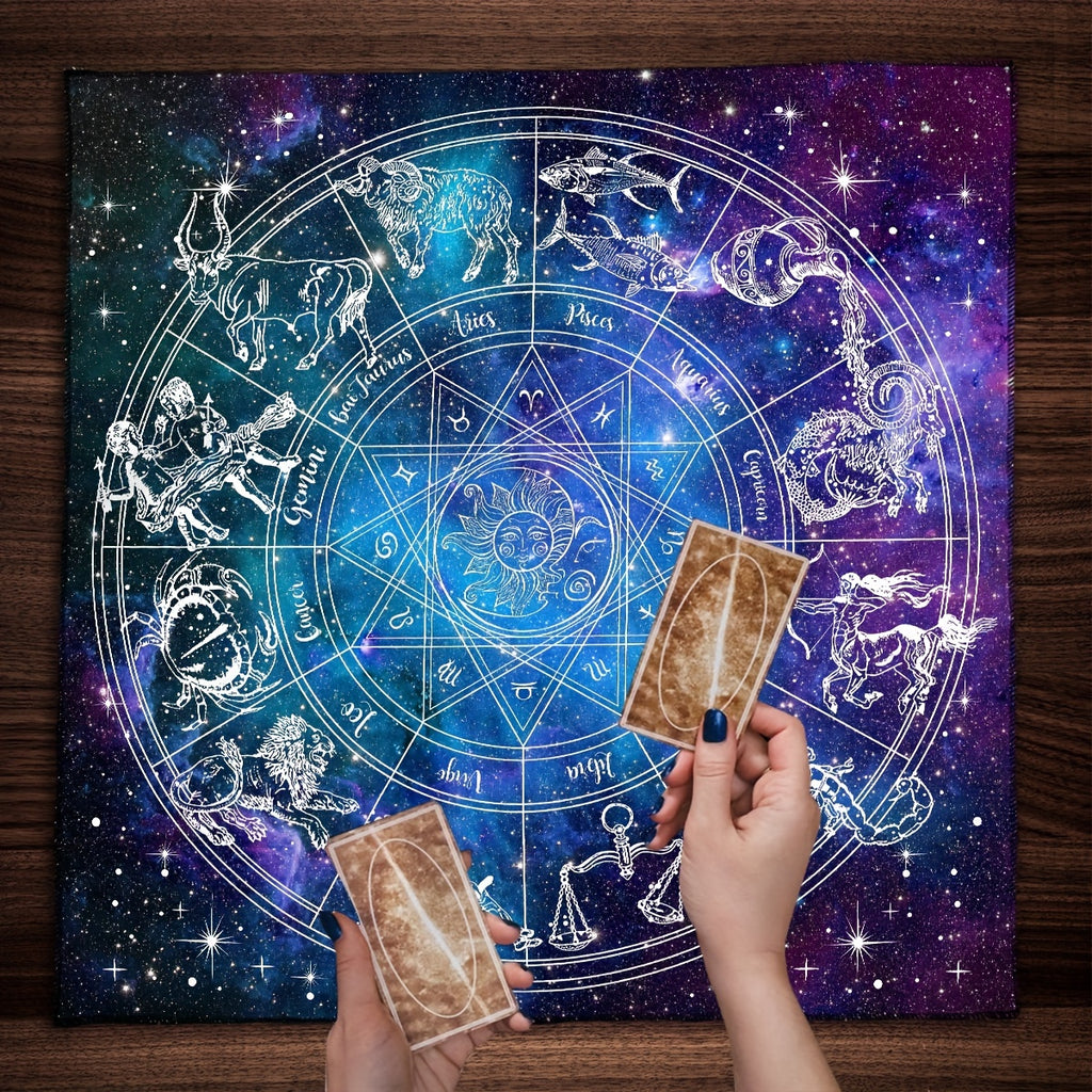 Astrology Themed Polyester Tarot Card Tablecloth, 12 Constellations Starry Sky Design, Witchcraft Oracle Cards Pad for Reading, Room Decor, Fits Various Holidays & Occasions, Non-Electric, Featherless