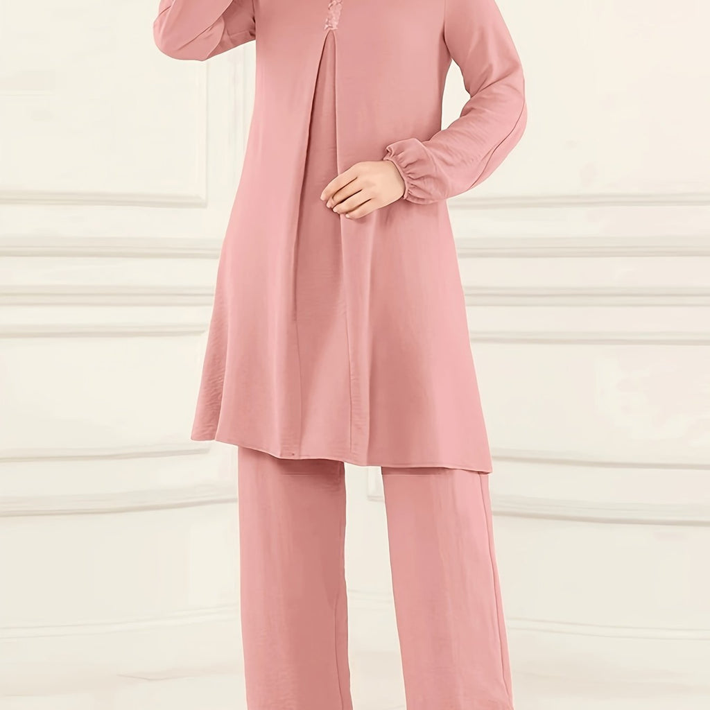 Ramadan Elegant Solid Muslim Two-piece Set, Long Sleeve Crew Neck Top & Straight Leg Pants Outfits, Women's Clothing
