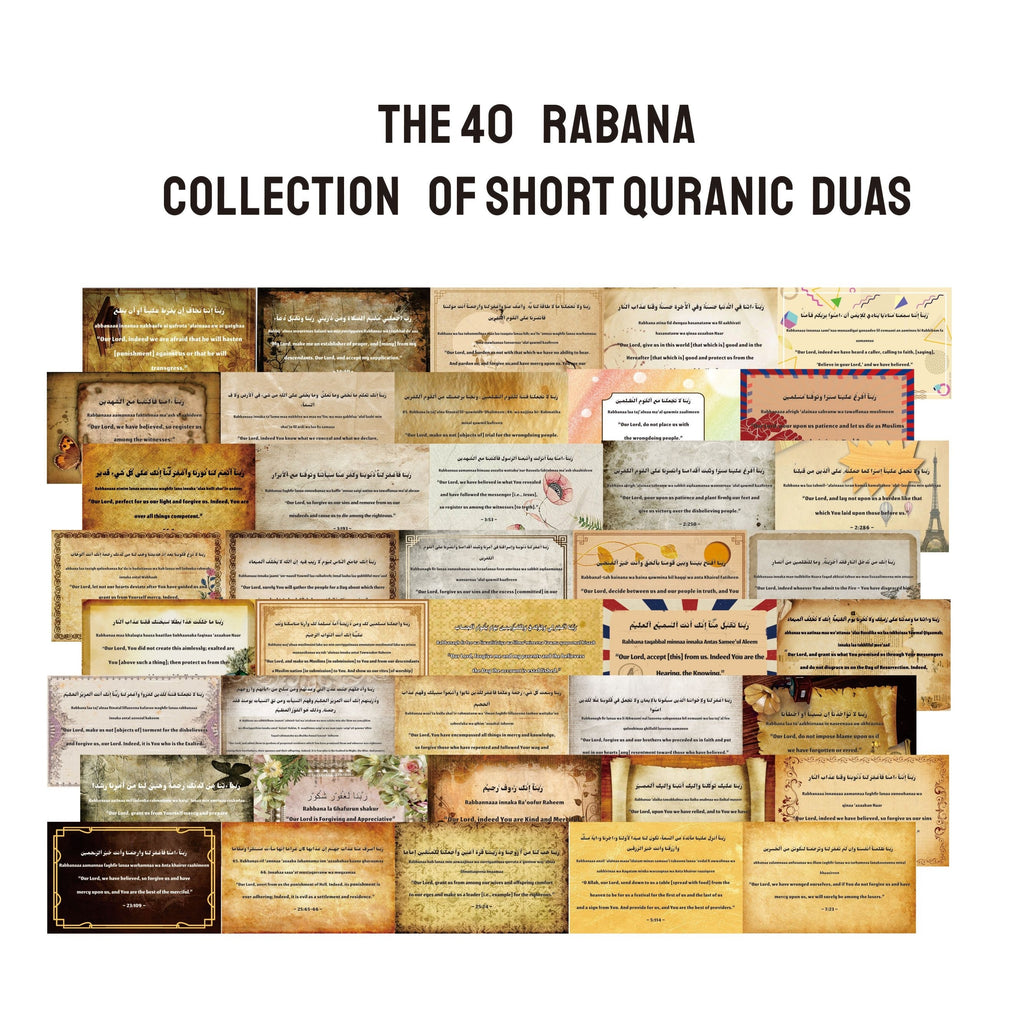 Islamic Prayer Cards - 40 Rabbana Dua Supplications | Arabic English Translation, Transliteration, Minimal Line Art, Floral Gift for Muslim