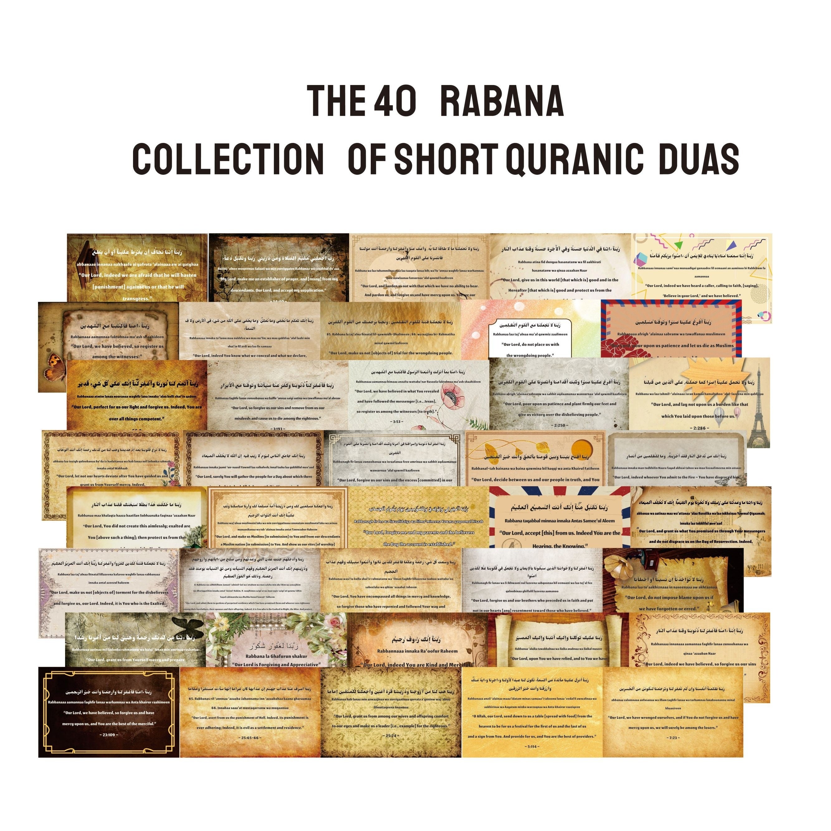 Islamic Prayer Cards - 40 Rabbana Dua Supplications | Arabic English Translation, Transliteration, Minimal Line Art, Floral Gift for Muslim