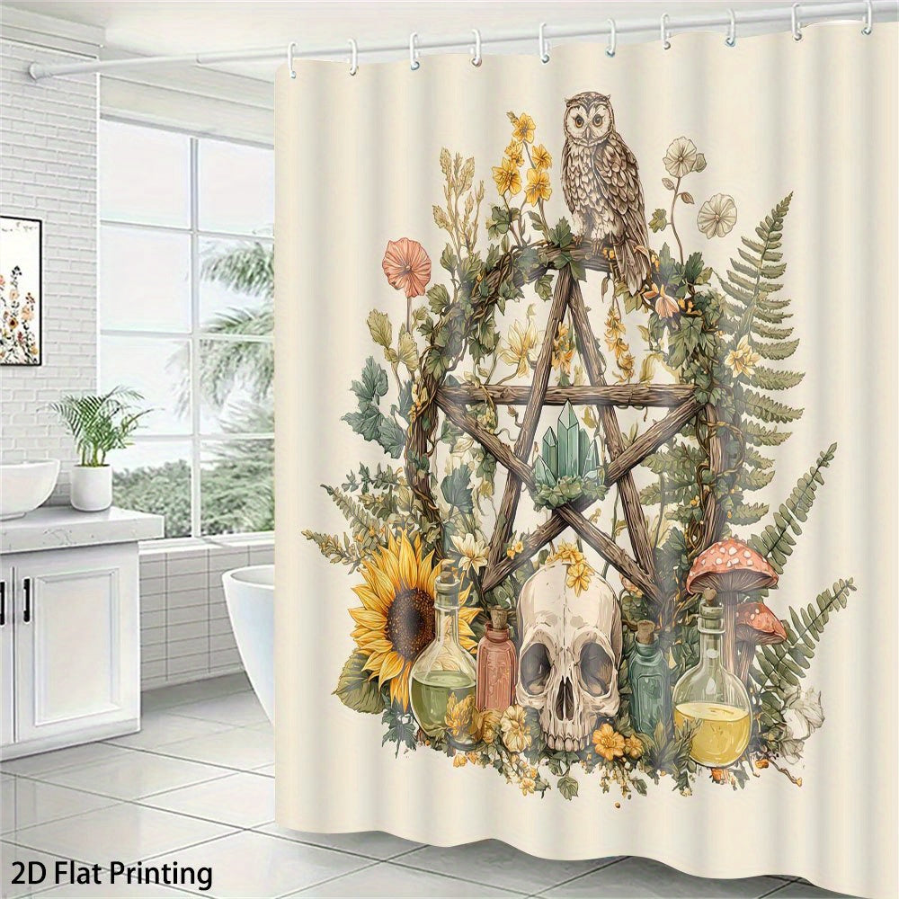 1pc Wiccan Shower Curtain - Occult Botanical Bathroom Decor with Pentagram, Mystical Floral Design in Beige/Brown/, Durable Polyester Fabric & 12 Hooks for Witchy Bathroom Aesthetic - Gothic Witchcraft Decoration, Bathroom De
