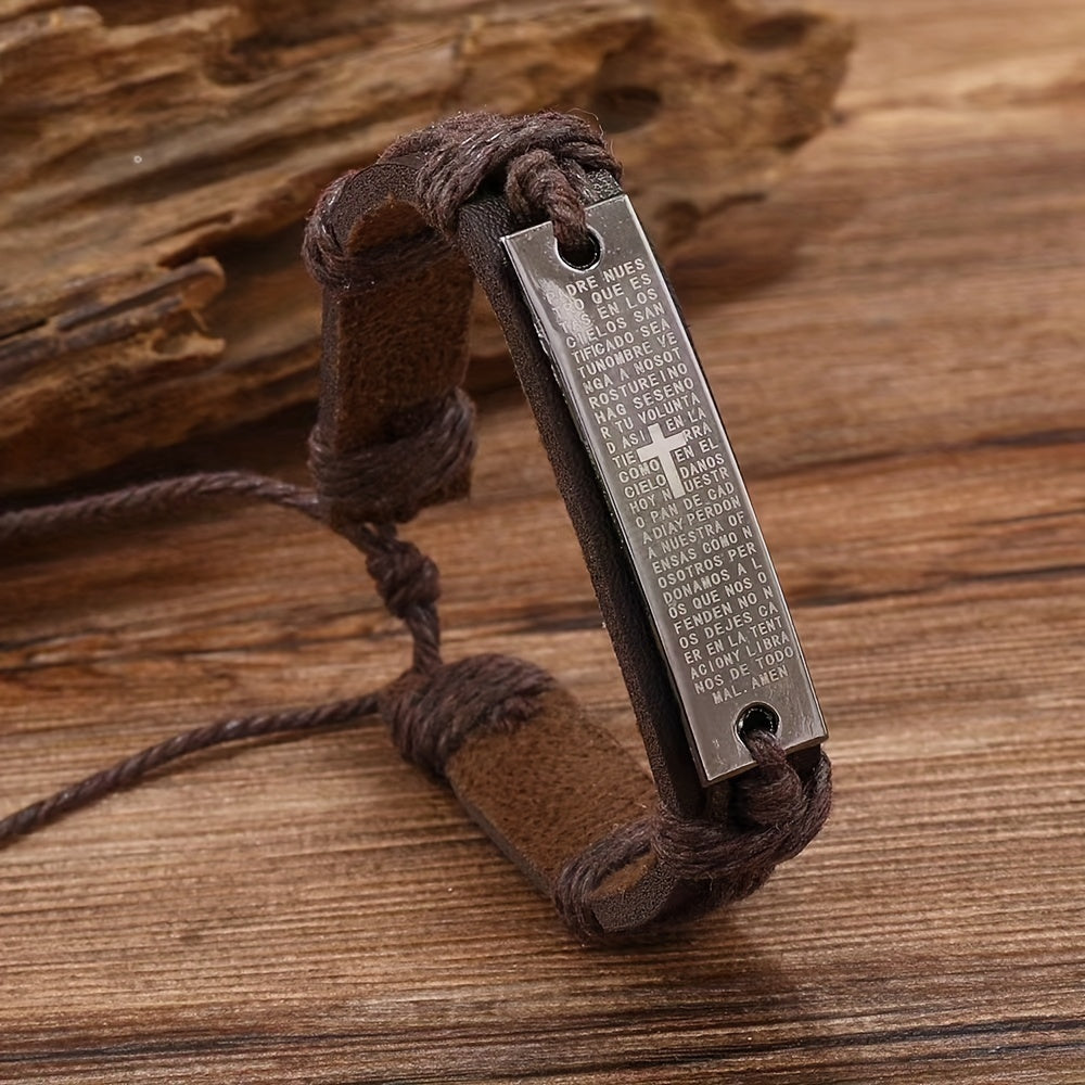 Cross Charm PU Leather Bracelets for Men, Adjustable Handmade Braided Wristband Set with Stainless Steel Plate, Religious Christian Jewelry - 1 Piece Set