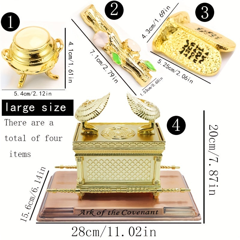 4-Piece Traditional Metal Ark of the Covenant Set - Home Decor Replicas, Jewish Religious Statues, Golden Jars, Aaron's Rod, Mana Pot, Rattan Staff - Suitable for Easter, Halloween, Hanukkah, Independence Day, Universal Holid
