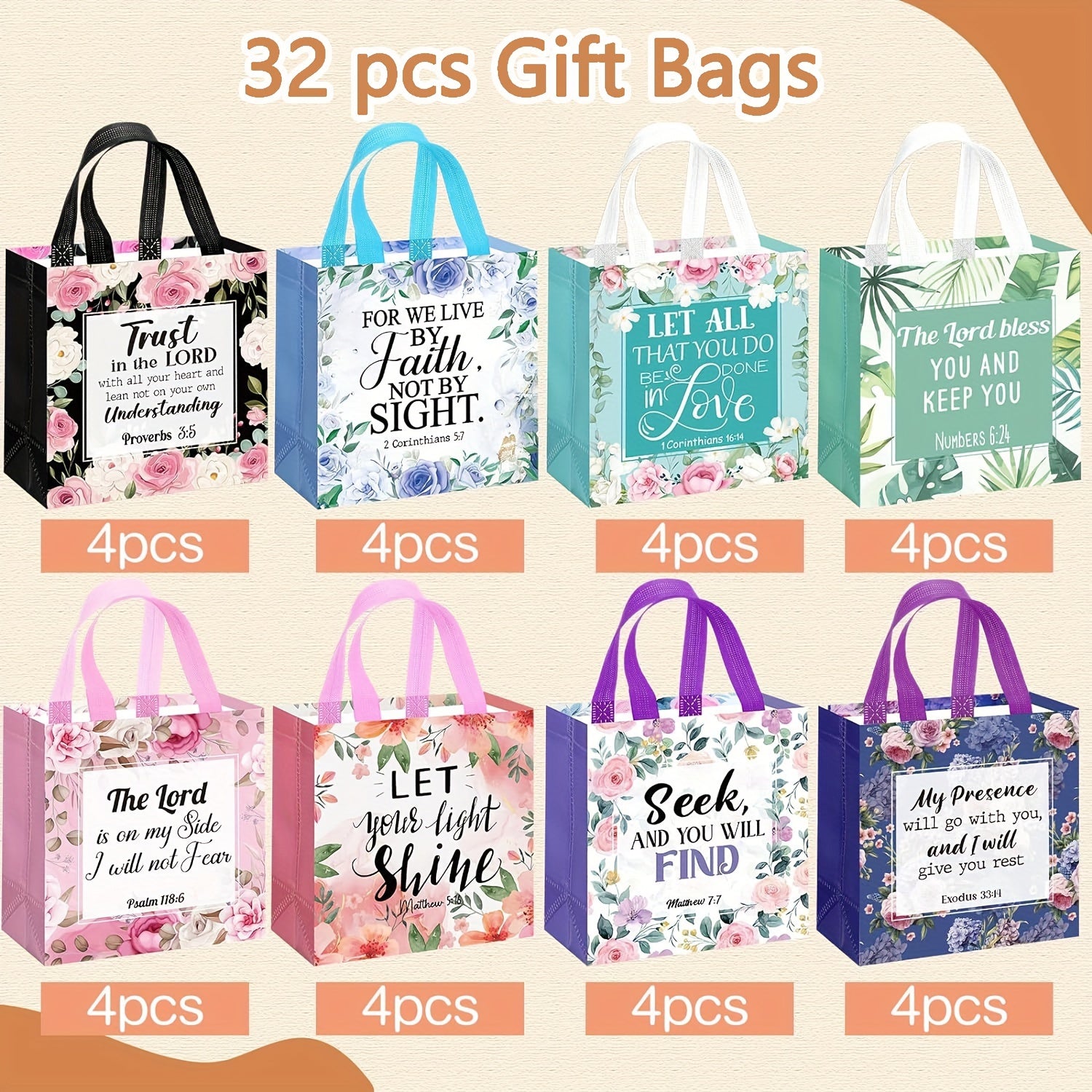 32 Pcs Bible Verse Flower Gift Bag with Handles Religious Reusable Gift Bags Bulk Christian Baptism Tote Bags Non Woven Gift Bags for Women Wedding Birthday Gift Wrapping Bags